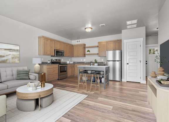 A modern kitchen with wooden cabinets and a large island.