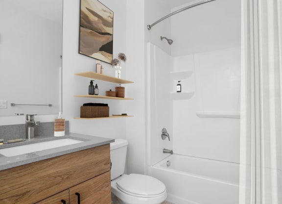 a bathroom with a shower and a sink and a toilet