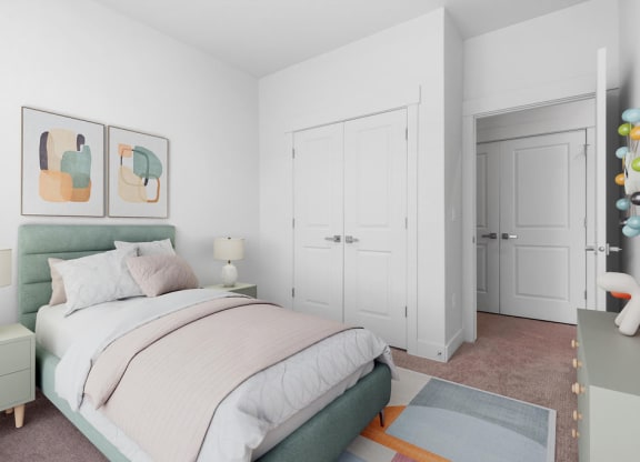 a bedroom with a bed and a closet
