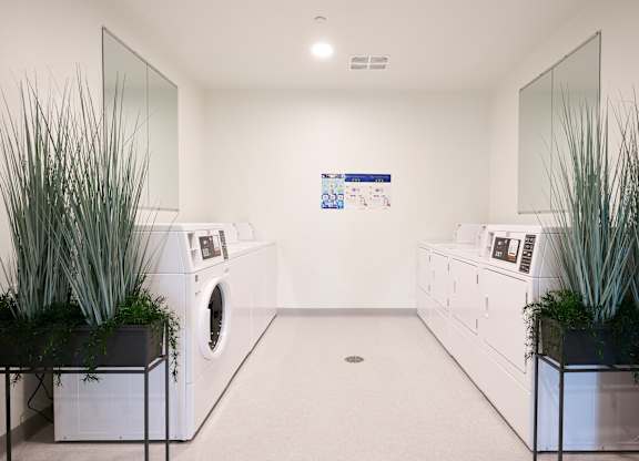 A laundromat with a washer and dryer in each cubicle.