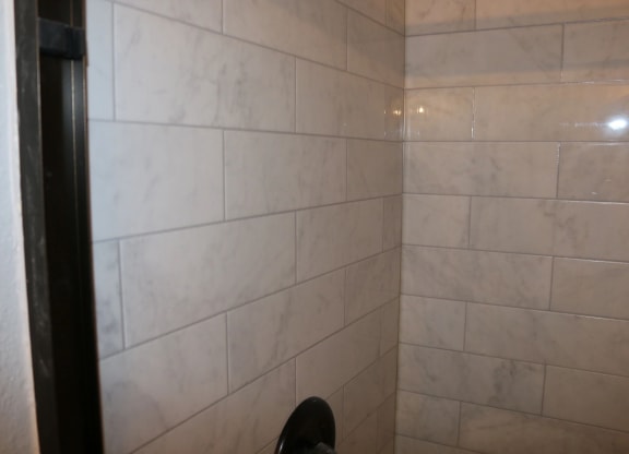 a tiled shower in a bathroom with a person standing in it at Schaefer Ridge Apartments, Branson , MO 65616
