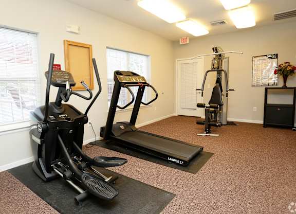 A gym with treadmills, elliptical machines, and other exercise equipment.