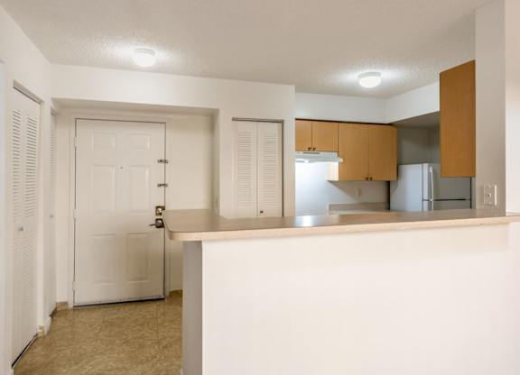 a kitchen with a white wall and a white door