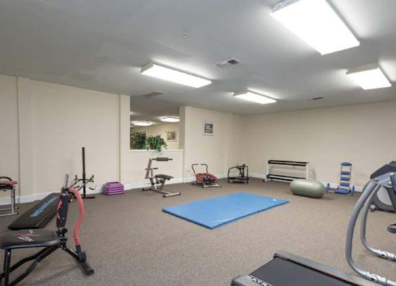 A gym room with a variety of exercise equipment including a treadmill, exercise bike, and weights.