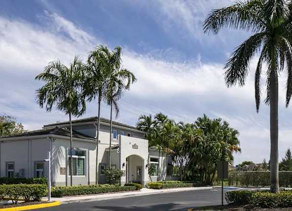 A building with a white facade is surrounded by palm trees.