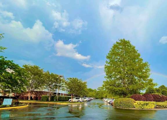 a rainbow in the sky over a flooded street with trees and bushes at Greenbrier Seniors Apartments, Virginia  
