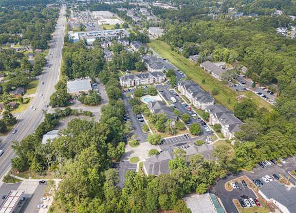a view from the sky of a neighborhood with houses and trees at Palms on Ashley River Apartments, Ladson, 29456