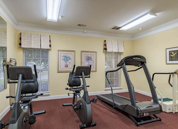 A room with a treadmill, exercise bike and other equipment.