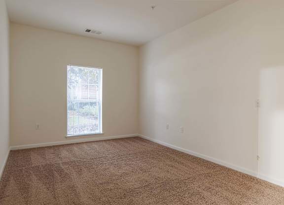 A room with a carpeted floor and a window.