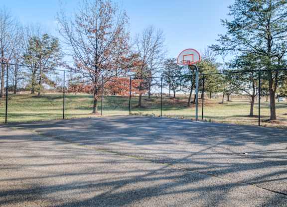 A basketball court with a red circle and a line through it.