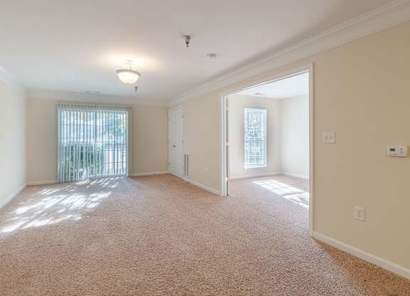 A sunny room with a carpeted floor and a window with blinds.at The Gardens of Stafford, Stafford, VA 22556  