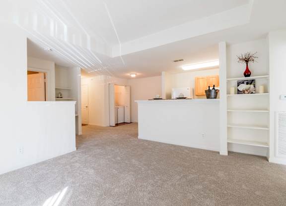 A white room with a carpeted floor and a white cabinet with shelves.at Woodwind Villa Apartments, Virginia, 22191