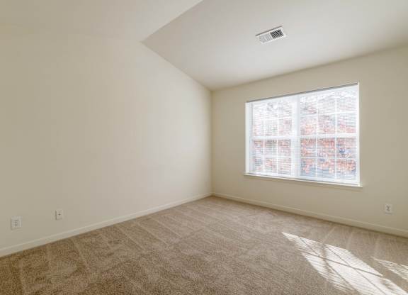 A room with a carpeted floor and a window with blinds.at Woodwind Villa Apartments, Virginia