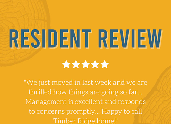 A resident review for Timber Ridge with a five-star rating and a testimonial from a satisfied customer.