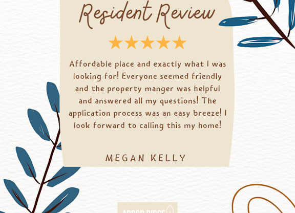 A resident review for Arbor Ridge, a property, is displayed on a beige background with a decorative leafy branch on the left side.