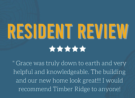 A resident review for Timber Ridge Apartments featuring a five-star rating and a positive testimonial from Zachary Johnson.
