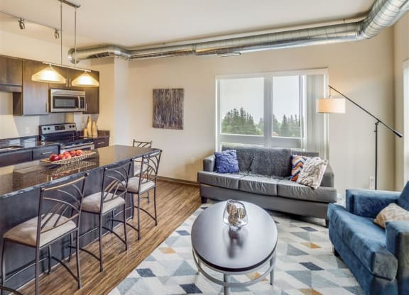 a living room and kitchen with a couch and a table at Bluestone Lofts, Duluth Minnesota