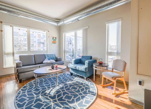 a living room with a couch and a table and a rug at Bluestone Lofts, Minnesota