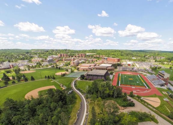 an aerial view of a city with a highwayat Bluestone Lofts, Duluth, MN 55803