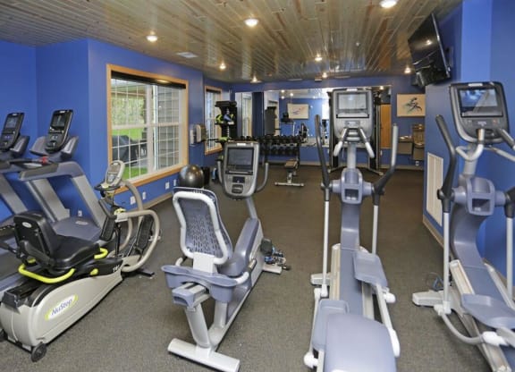 the gym is equipped with a variety of exercise equipment at Arbor Ridge, Forest Lake, Minnesota