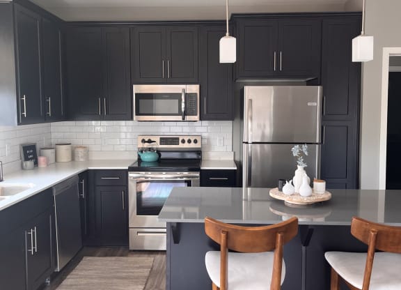 a kitchen with black cabinets and stainless steel appliances  at Timber Ridge, Minnesota