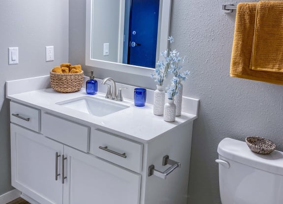 a bathroom with a sink and a mirror and a toilet  at Timber Ridge, Minnesota