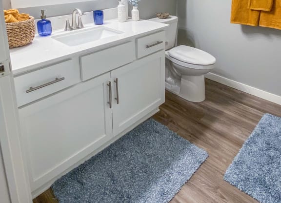 a bathroom with a toilet and a sink and a mirror  at Timber Ridge, Minnesota, 55025