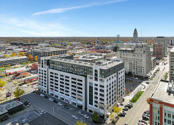 an aerial view of a large building in a city at Parkhaus Apartments, Lincoln, Nebraska