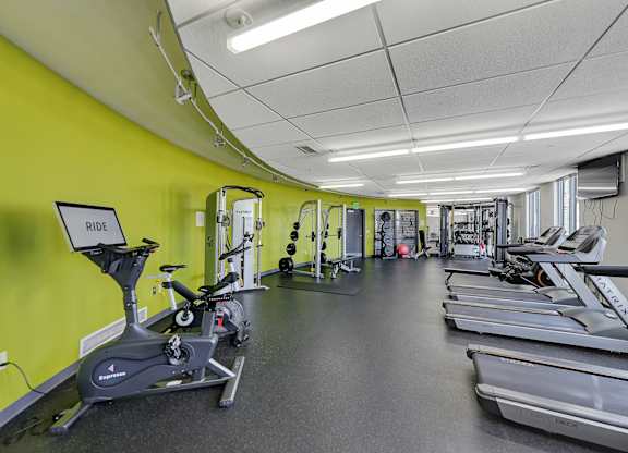 a gym with cardio equipment and weights on the floor and green walls at Parkhaus Apartments, Lincoln