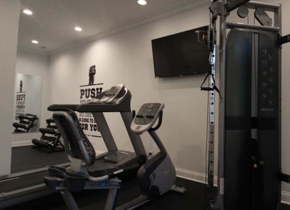 a gym with weights and a tv on the wall at Tripp 4321, Chicago, 60641