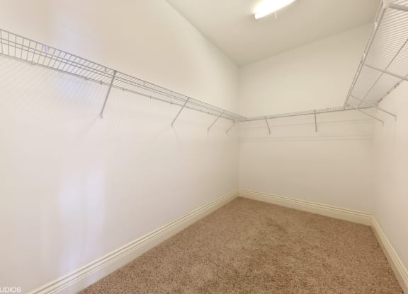 a room with a carpeted floor and a closet with white and blue walls