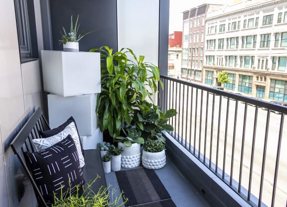 a small balcony with plants and a black and white pillow