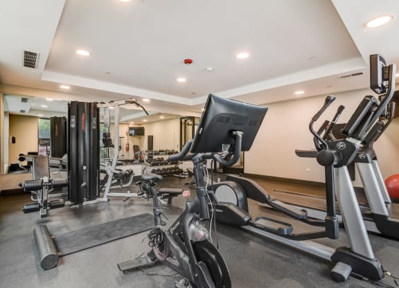 a gym with various machines and weights in a home gym at Clarendon Hills 229, Clarendon, 60514