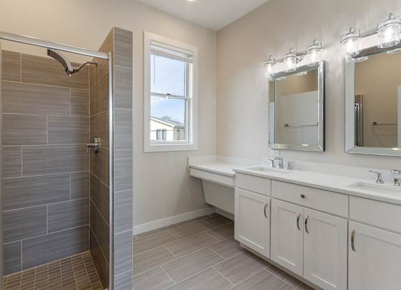 a bathroom with a shower and two sinks and a mirror