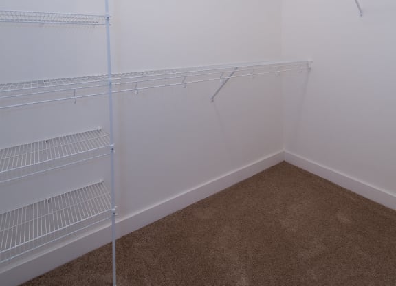a walk in closet in a room with white walls and carpet