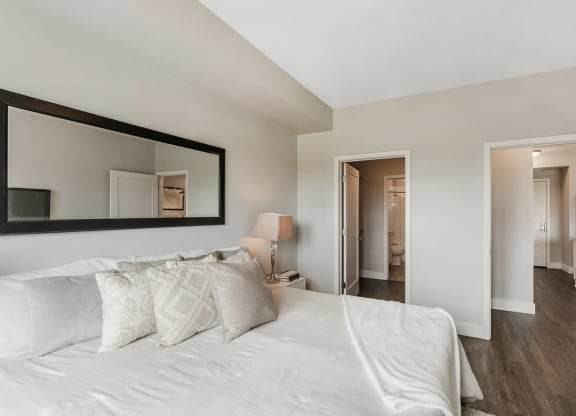 a bedroom with a large bed and a mirror at Barrington 101, Illinois, 60010