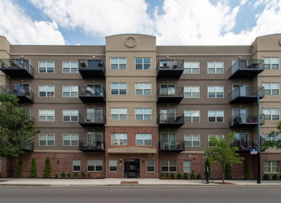 a large apartment building on a city street  at Kedzie 4447, Illinois