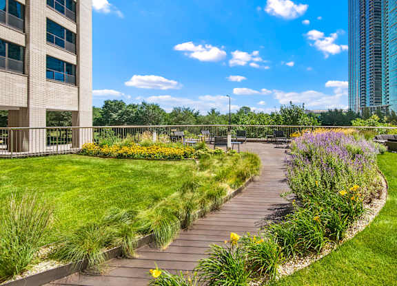 A walkway with a grassy area on either side.