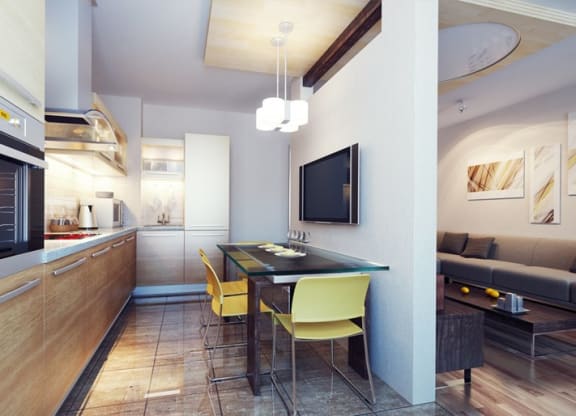 a kitchen and dining room in a small apartment
