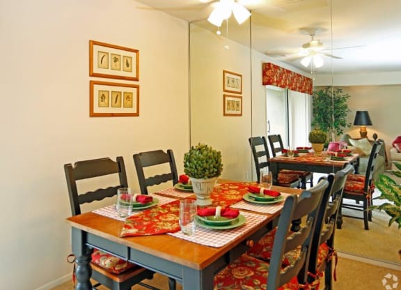 a dining room with a table and chairs and a mirror