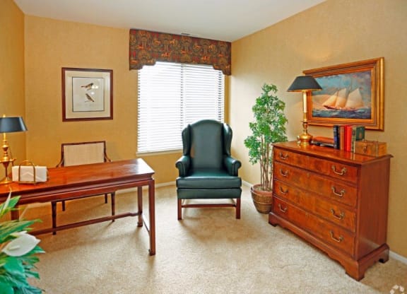 a living room with a desk and a chair and a dresser
