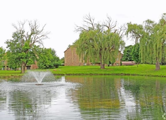 a fountain in the middle of a pond