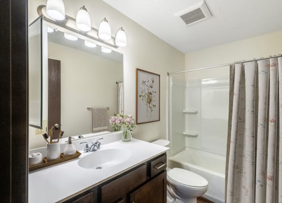 the preserve at ballantyne commons apartment bathroom with sink toilet and shower