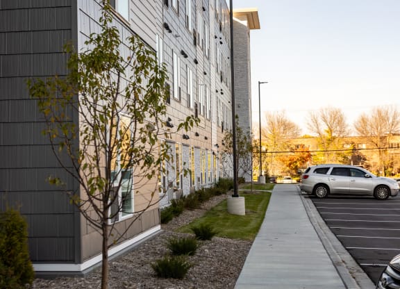 a sidewalk in front of a building with a tree next to it