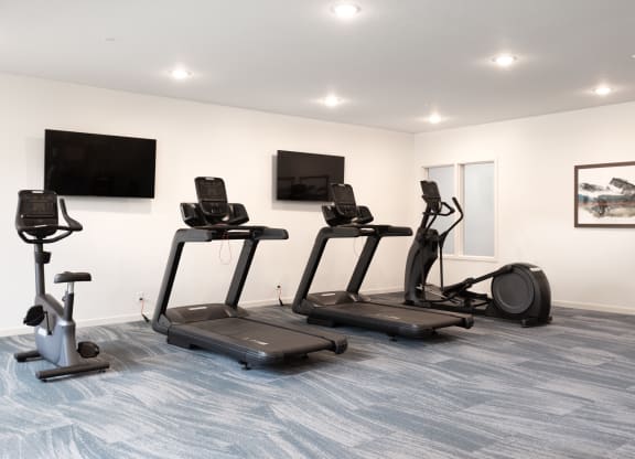 a gym with cardio equipment and a tv on the wall