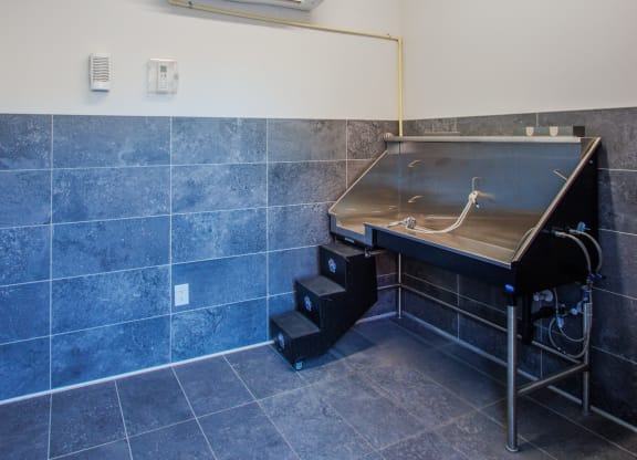a room with a pool table and a blue tiled wall