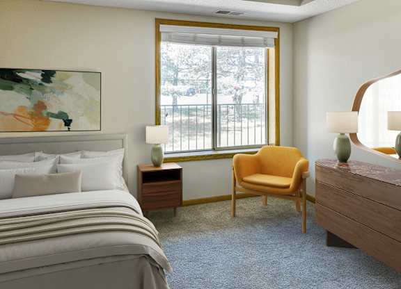 A bedroom with a bed, chair, and painting. at Crosby Pointe Apartments, St. Paul , MN