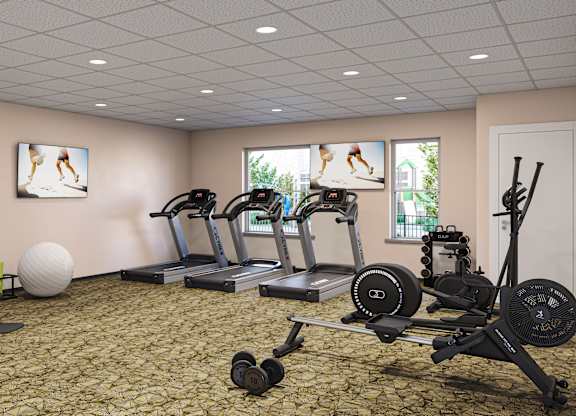 A gym with a variety of equipment including a treadmill, weights, and a stationary bike.