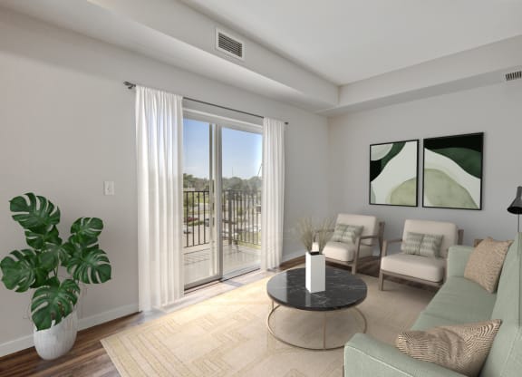 a living room with a couch and a coffee table and a balcony at EastGate Apartments, Minnesota, 55904