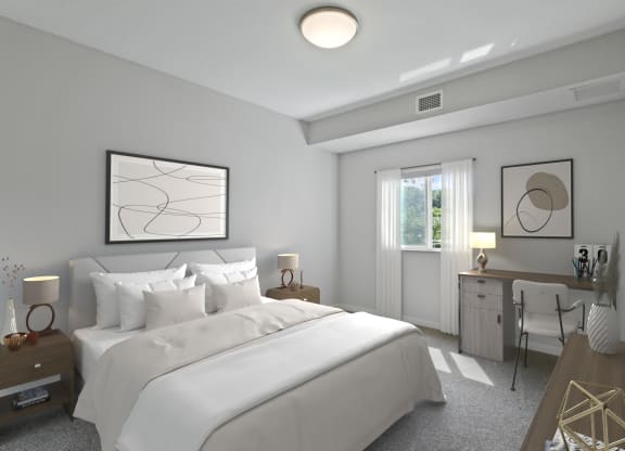 a bedroom with a bed and a desk and a window at EastGate Apartments, Rochester, 55904